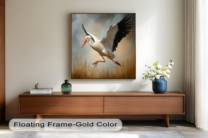 Stork in Flight over Golden Grasses – Animal Oil Painting