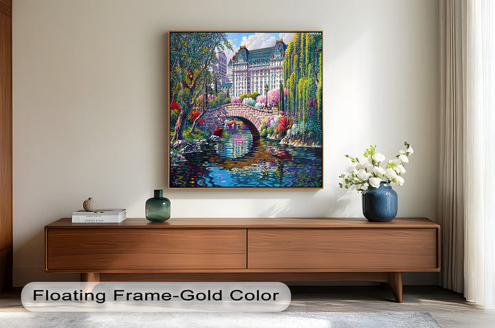 A breathtaking framed wall art piece blending realism and impressionism, highlighting a romantic riverside view with bright florals, an iconic bridge, and a stately hotel.