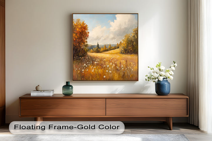 Transport yourself to a peaceful countryside with this breathtaking oil painting. The interplay of golden fields, rolling hills, and soft white flowers creates a harmonious, nature-inspired scene that enhances your home with timeless charm.

