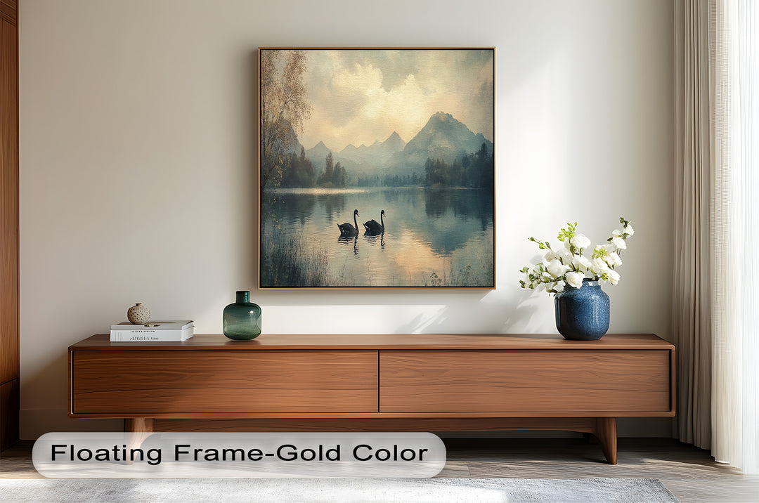 Black Swans on a Mountain Lake – Modern Oil Painting