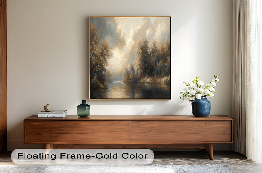 Peaceful woodland river scene with soft clouds and sepia tones.
