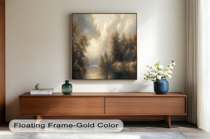 Peaceful woodland river scene with soft clouds and sepia tones.
