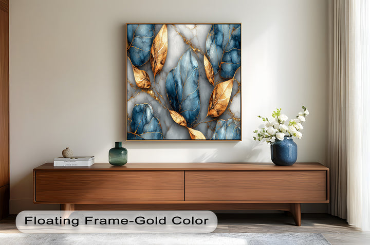 Golden Blue Marble Leaves – Botanical Oil Painting