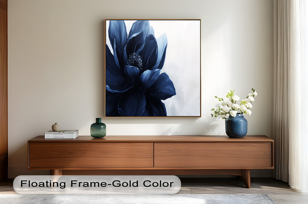 Midnight Bloom Wall Art – Navy Blue Floral Oil Painting