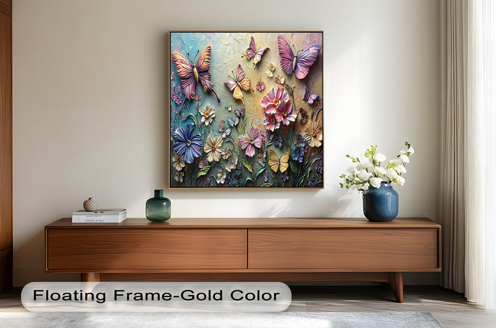 A luxurious nature-inspired artwork depicting a harmonious blend of sculpted flowers and gracefully soaring butterflies, bringing depth and elegance to any space.