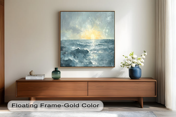 The textured brushstrokes and soothing palette evoke the peaceful rhythm of the sea, creating a sense of depth and reflection.

