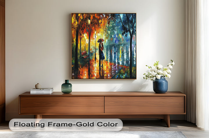 Golden Glow – Lovers Beneath the Umbrella Love Oil Painting