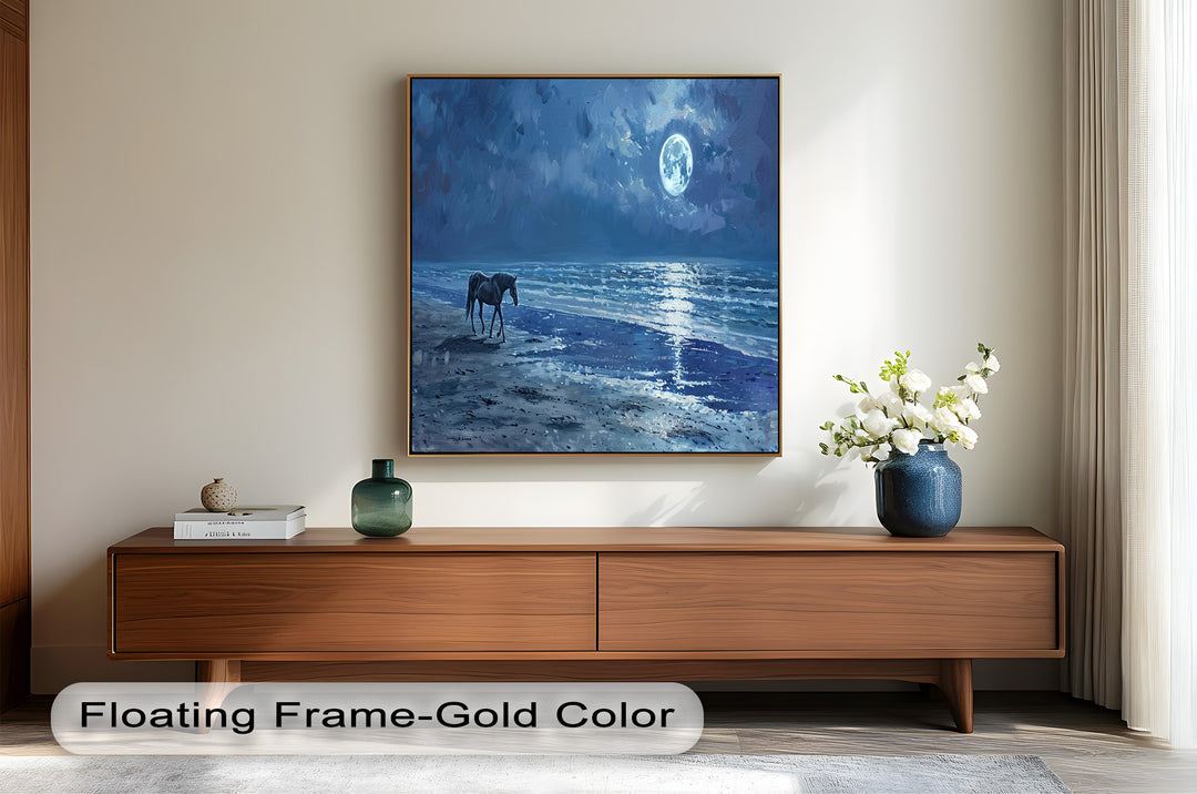 Moonlight & Horse – Serene Nighttime Oil Painting
