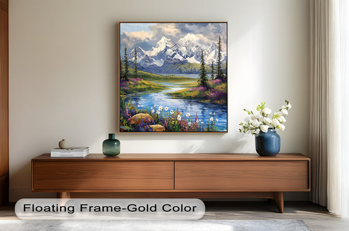 Vintage Mountains & River – Framed Oil Painting