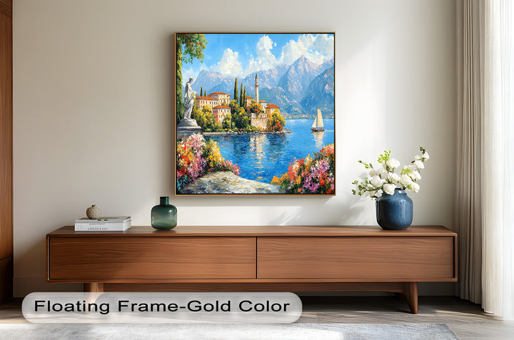 Colorful Italian Lake Town Wall Art – Landscape Oil Painting
