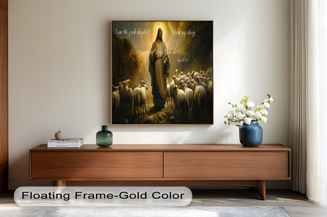Christian-inspired painting of Christ in a golden-lit pastoral setting.
