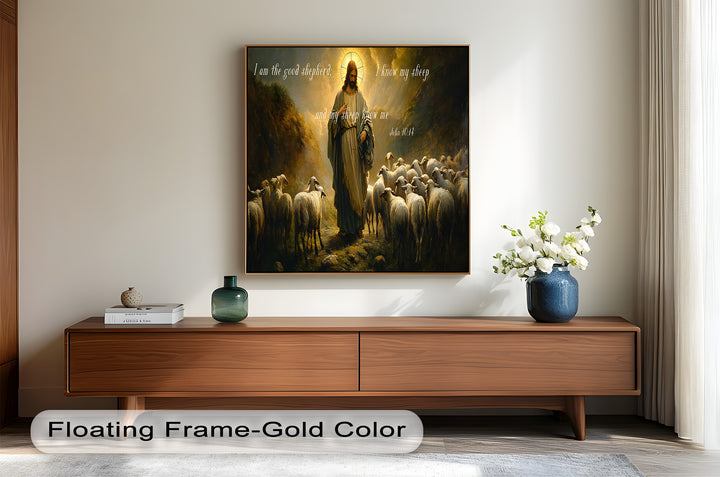 Christian-inspired painting of Christ in a golden-lit pastoral setting.
