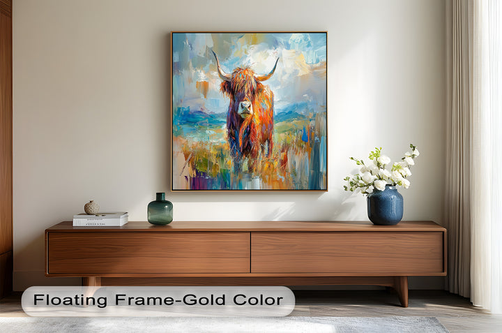 Highland Cow in Windswept Fields - Animal Oil Painting
