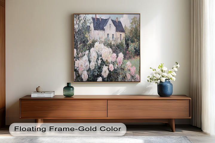 Cottage Garden Roses – Impressionist Floral House Scene Oil Painting