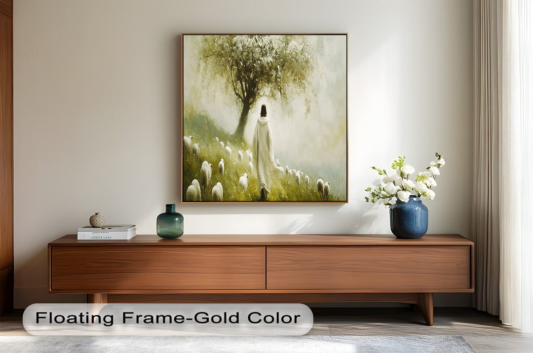 The harmonious blend of soft earth tones and delicate brushstrokes creates a sacred and reflective atmosphere, illustrating the timeless imagery of a shepherd tending to his flock.