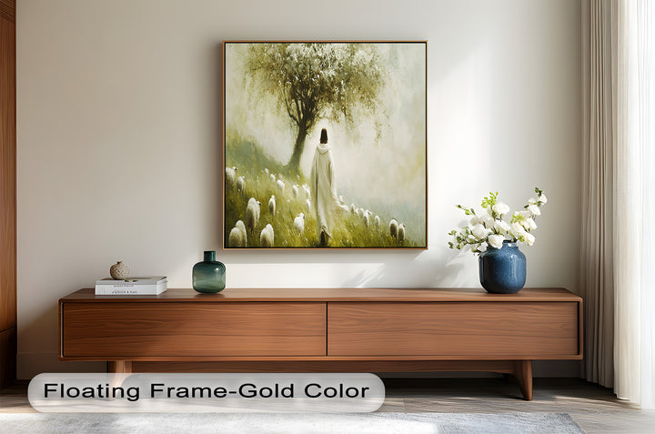 The harmonious blend of soft earth tones and delicate brushstrokes creates a sacred and reflective atmosphere, illustrating the timeless imagery of a shepherd tending to his flock.