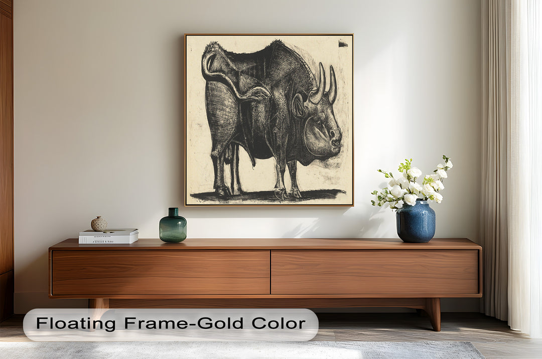 Expressive Bull Figure with Bold Linework – Figurative Oil Painting