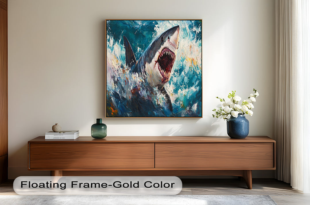 Ferocious Shark Emerging from Turbulent Waters – Animal Oil Painting