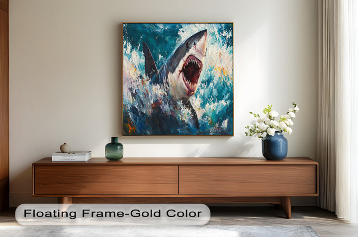 Ferocious Shark Emerging from Turbulent Waters – Animal Oil Painting