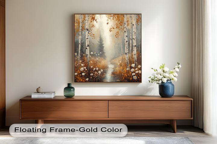 Immerse yourself in the peaceful charm of autumn with this exquisite oil painting. The delicate interplay of golden foliage, crisp white birch trunks, and a misty forest path creates a sense of serenity, making it a perfect framed wall art piece for any setting.