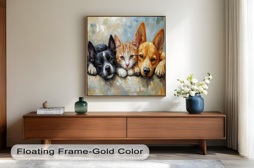 Cat and Dogs Resting Together - Animal Oil Painting
