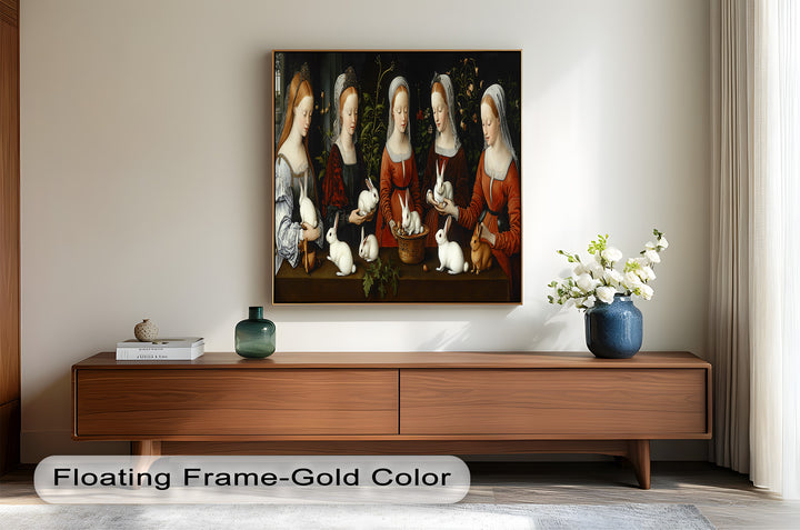 Maiden Garden Gathering – Renaissance Rabbit Portrait Oil Painting