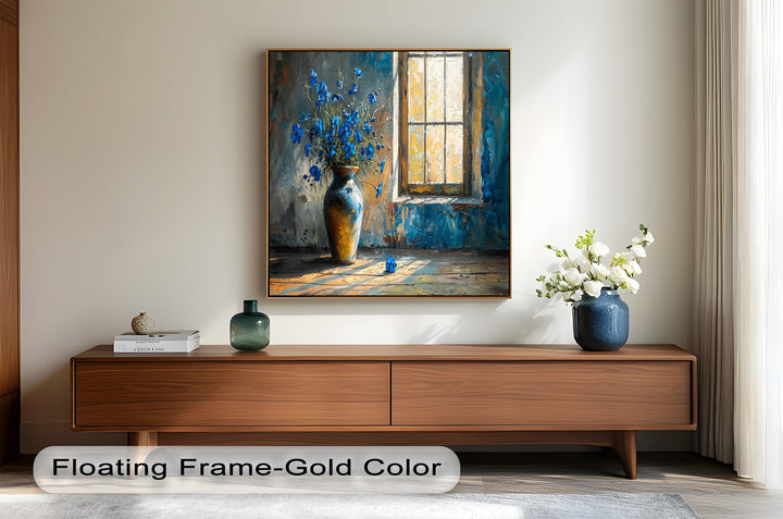 Blue Flowers in Vase – Rustic Still Life Oil Painting