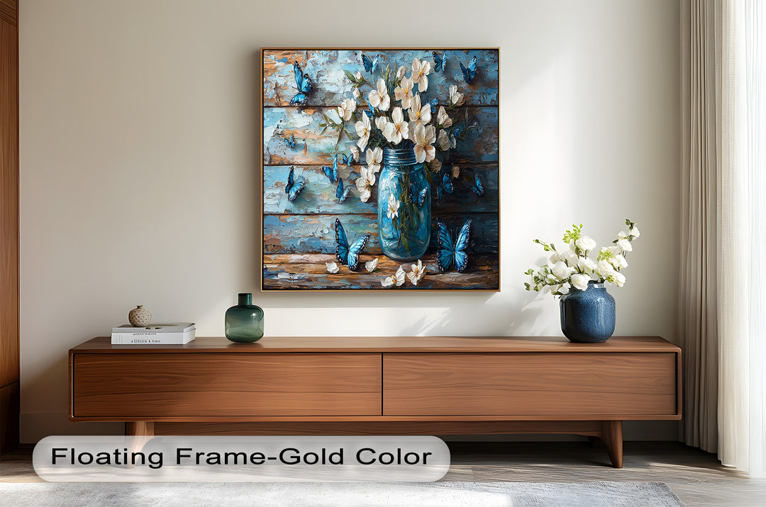 A serene and rustic-inspired painting capturing the beauty of nature with soft white petals, deep blue butterflies, and a rustic farmhouse-style background.