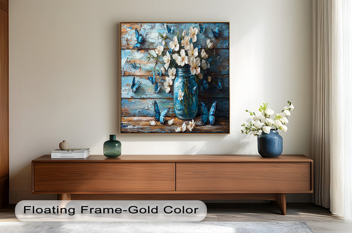 A serene and rustic-inspired painting capturing the beauty of nature with soft white petals, deep blue butterflies, and a rustic farmhouse-style background.