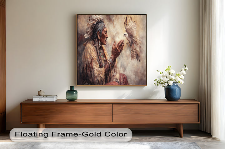 Whisper to the Spirit – Native Elder and Falcon Oil Painting