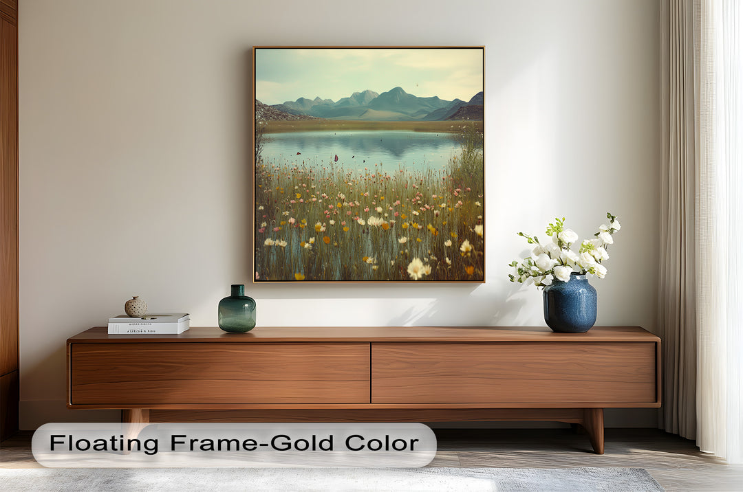 Butterfly Bloom by the Lake – Framed Oil Painting