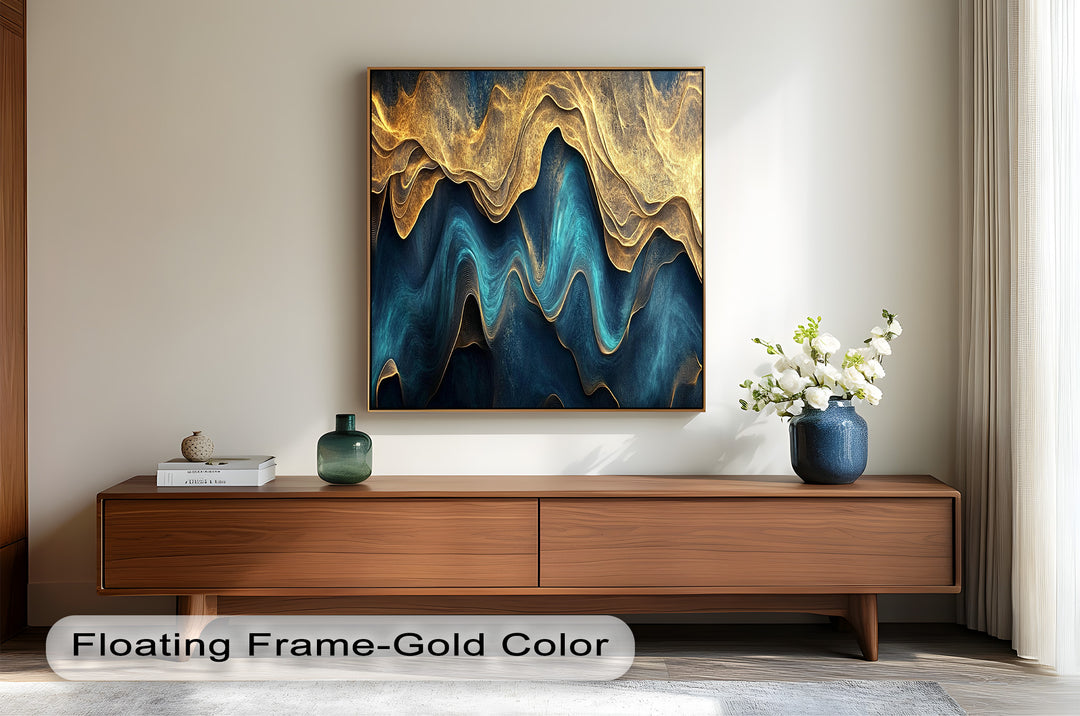 Flowing Teal & Gold Waves – Abstract Oil Painting
