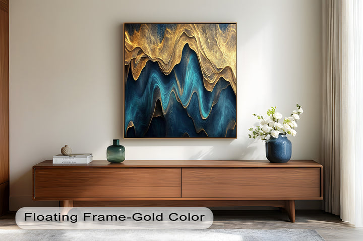 Flowing Teal & Gold Waves – Abstract Oil Painting