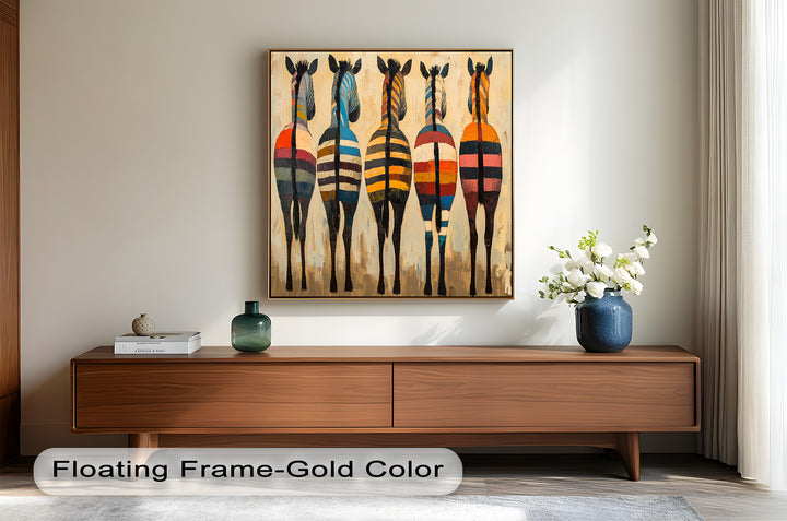 Five Colorful Zebras with Bold Stripes – Animal Oil Painting