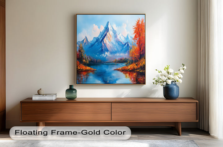 A mesmerizing play of light and color enhances this scenic masterpiece, where crisp mountain air and the serenity of a still lake evoke a sense of peaceful escape.