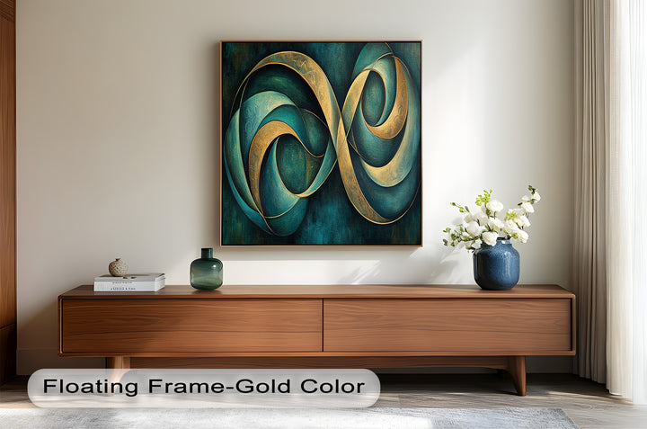 Contemporary spiral design with teal depth and shimmering metallic lines.
