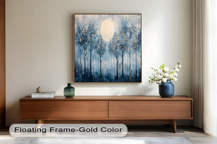 This exquisite oil painting captures the serene beauty of a moonlit forest, where delicate blossoms shimmer under soft silver light. The hand-painted details and textured brushstrokes make this framed artwork a sophisticated choice for nature lovers and art enthusiasts alike.