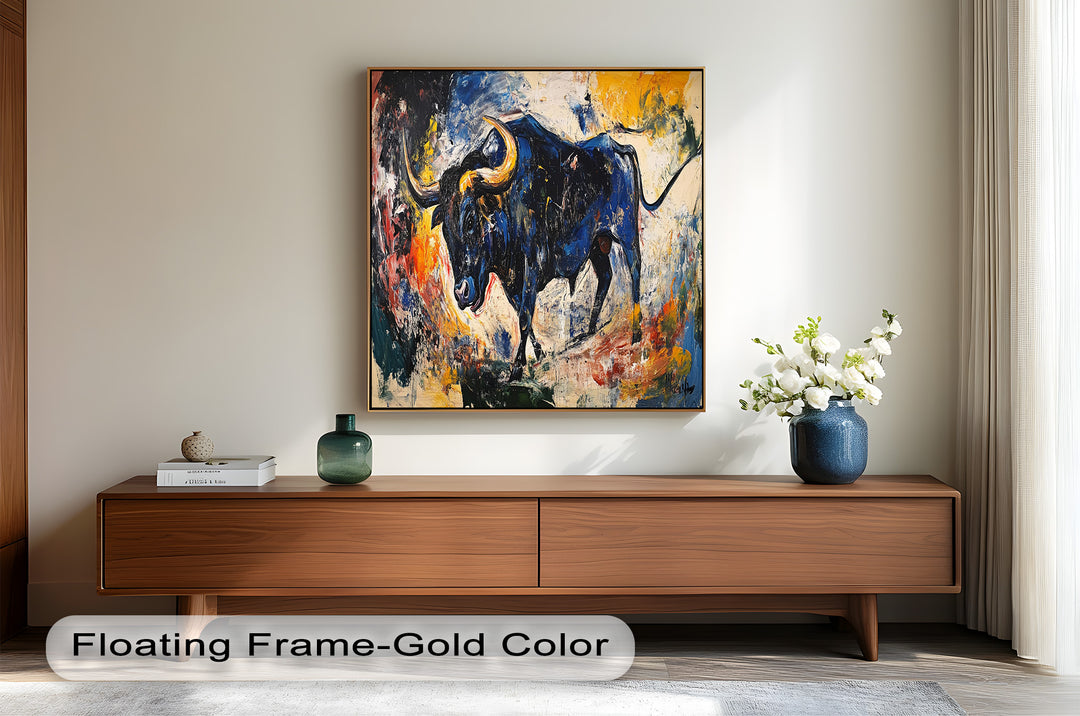Power in Motion – Expressionist Bull Oil Painting