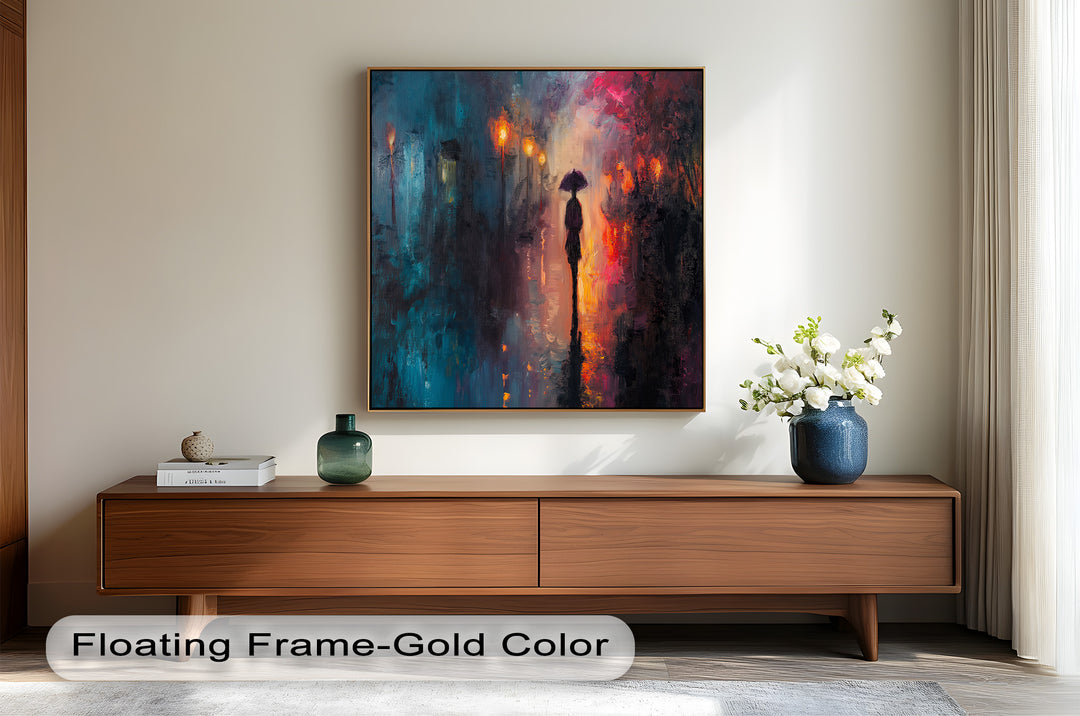 Evening Solitude – Romantic Rainy Stroll Love Oil Painting