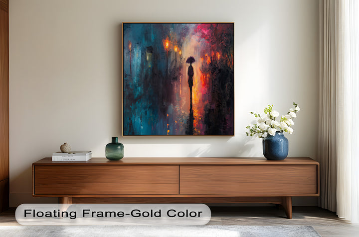 Evening Solitude – Romantic Rainy Stroll Love Oil Painting