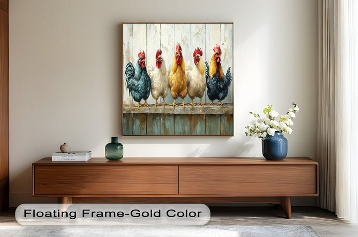 Colorful Roosters on a Wooden Fence – Animal Oil Painting