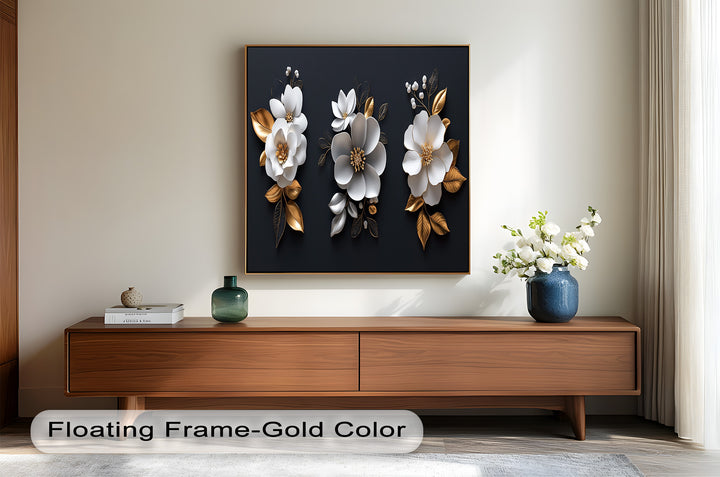 Modern botanical painting with three white flowers and shimmering gold foliage.
