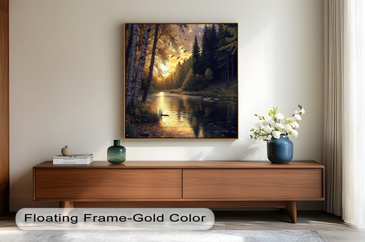 A picturesque river scene at dusk, with tall trees, falling leaves, and birds flying against a golden sky.