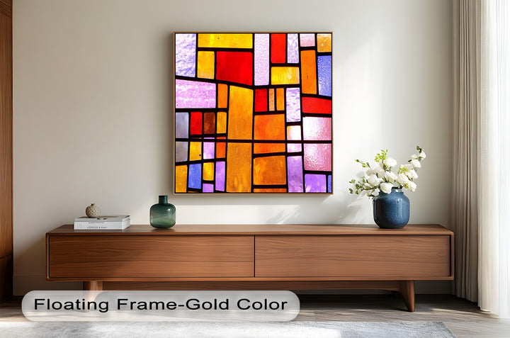 A radiant patchwork of colored glass tiles in a modern, geometric arrangement with a warm and vibrant palette.