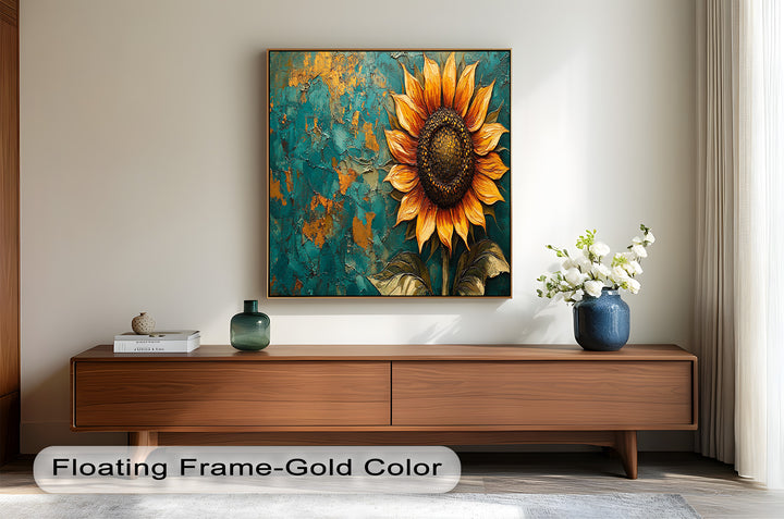 Sunflower on Textured Teal - Flower Oil Painting