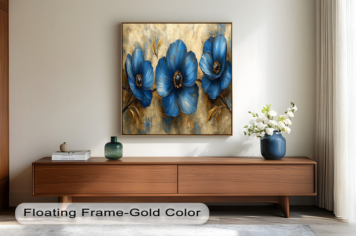 Golden Beige Elegance – Royal Blue Floral Trio Flower Oil Painting