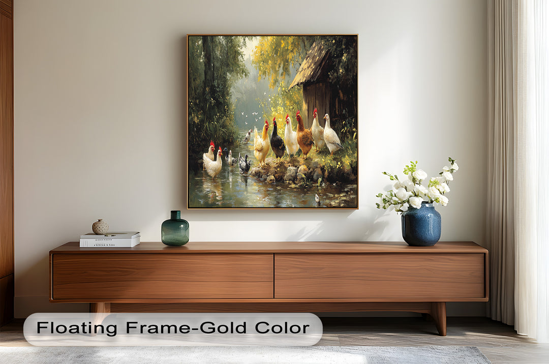 Country Farmyard Chickens by the Stream – Animal Oil Painting