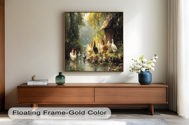 Country Farmyard Chickens by the Stream – Animal Oil Painting