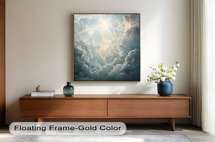 A heavenly display of luminous rays and textured clouds fills the canvas, creating a dramatic yet peaceful composition that celebrates the majesty of the skies.