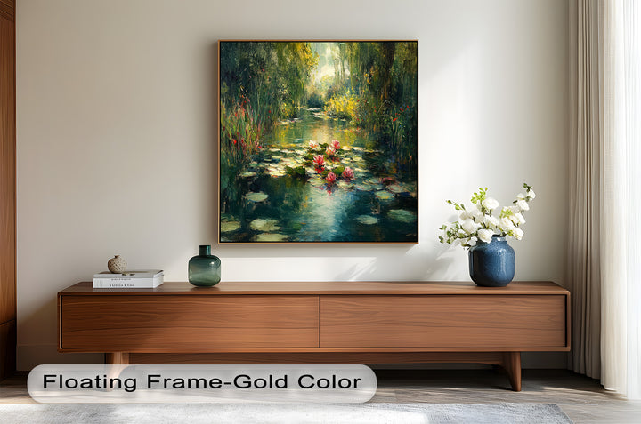 Tranquil Water Lilies in Sunlit Pond – Impressionist Oil Painting